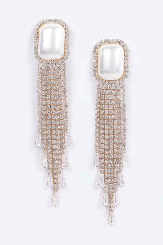 Faux Pearl Rhinestone Tassle Earring