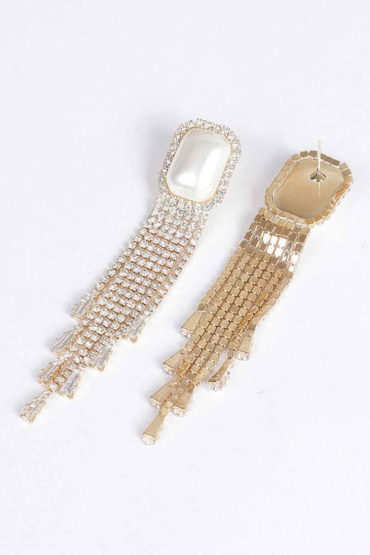 Faux Pearl Rhinestone Tassle Earring