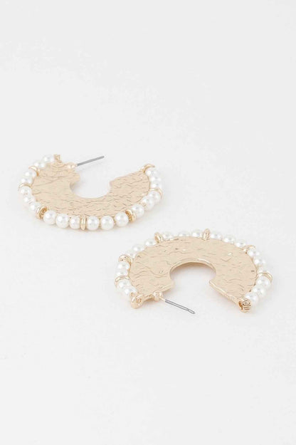 Pearl Hammered Hoop Earrings