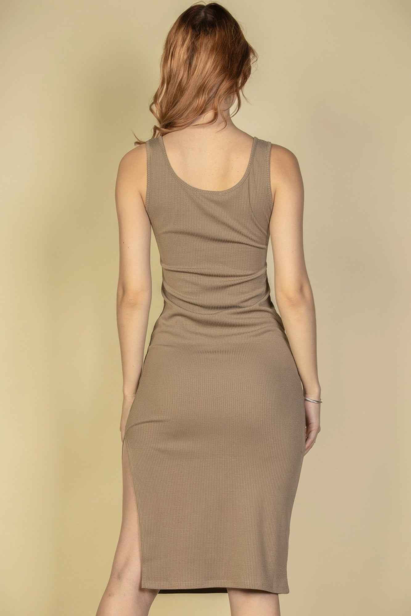 Flat Back Rib Sleeveless Tank Side Slit Bodycon Dress
