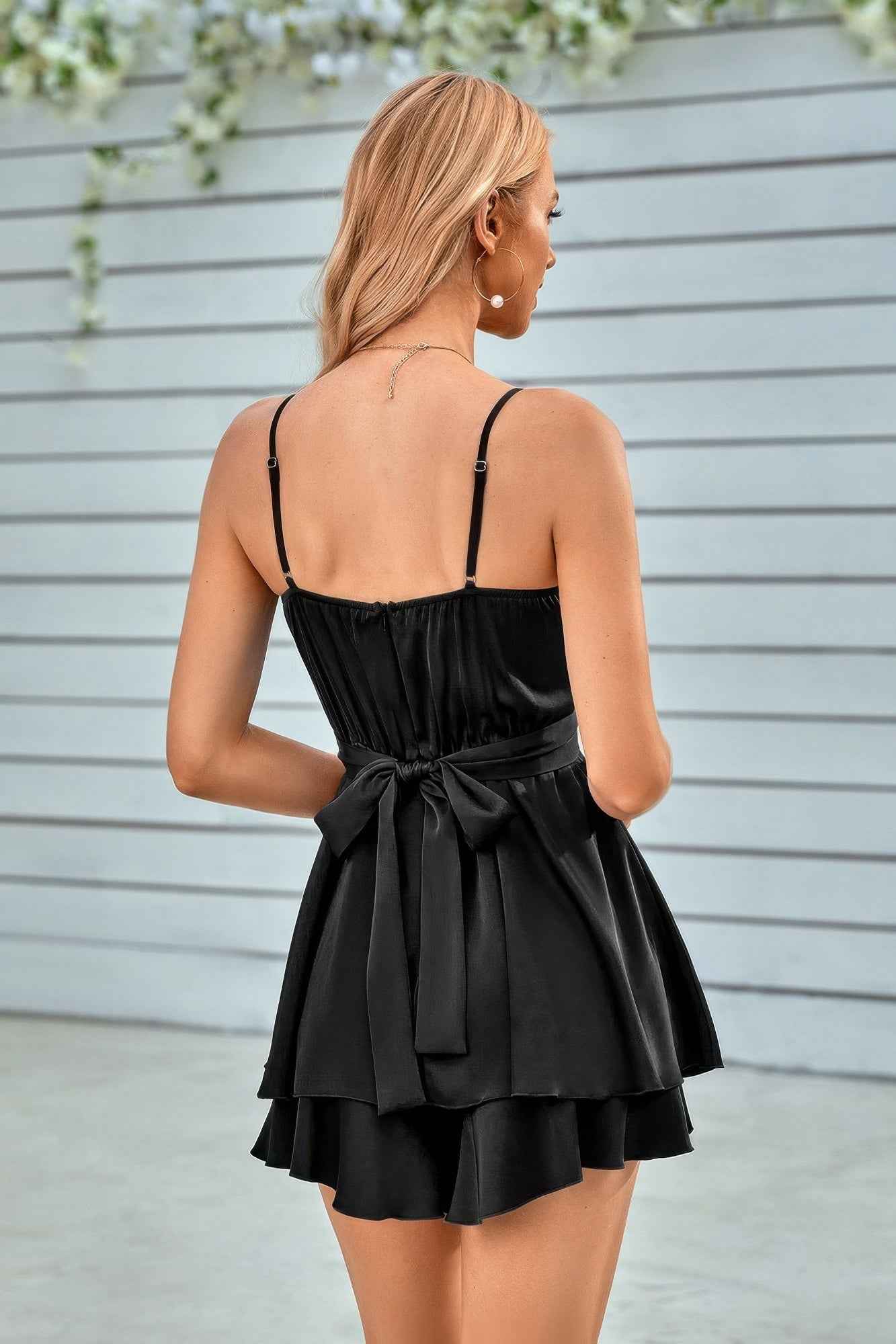 Spaghetti Strap Ruched Satin Layered Romper