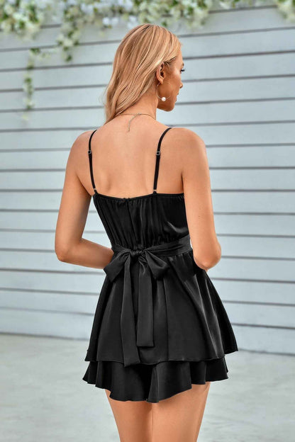 Spaghetti Strap Ruched Satin Layered Romper