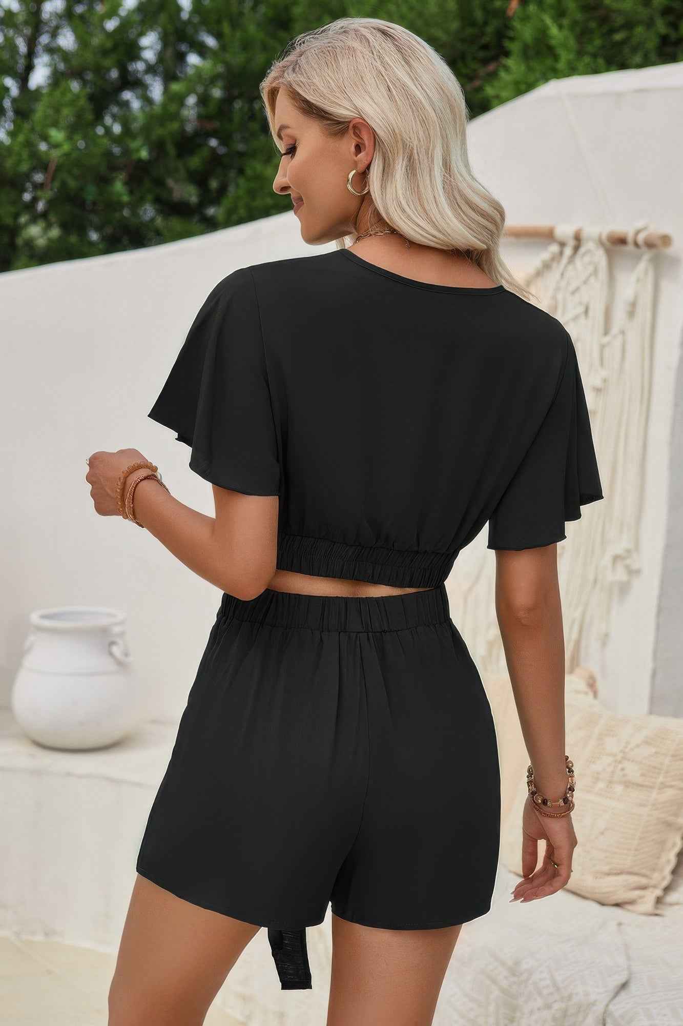 Two Pieces V Neck Ruffle Crop Shirt And Wrap Sets
