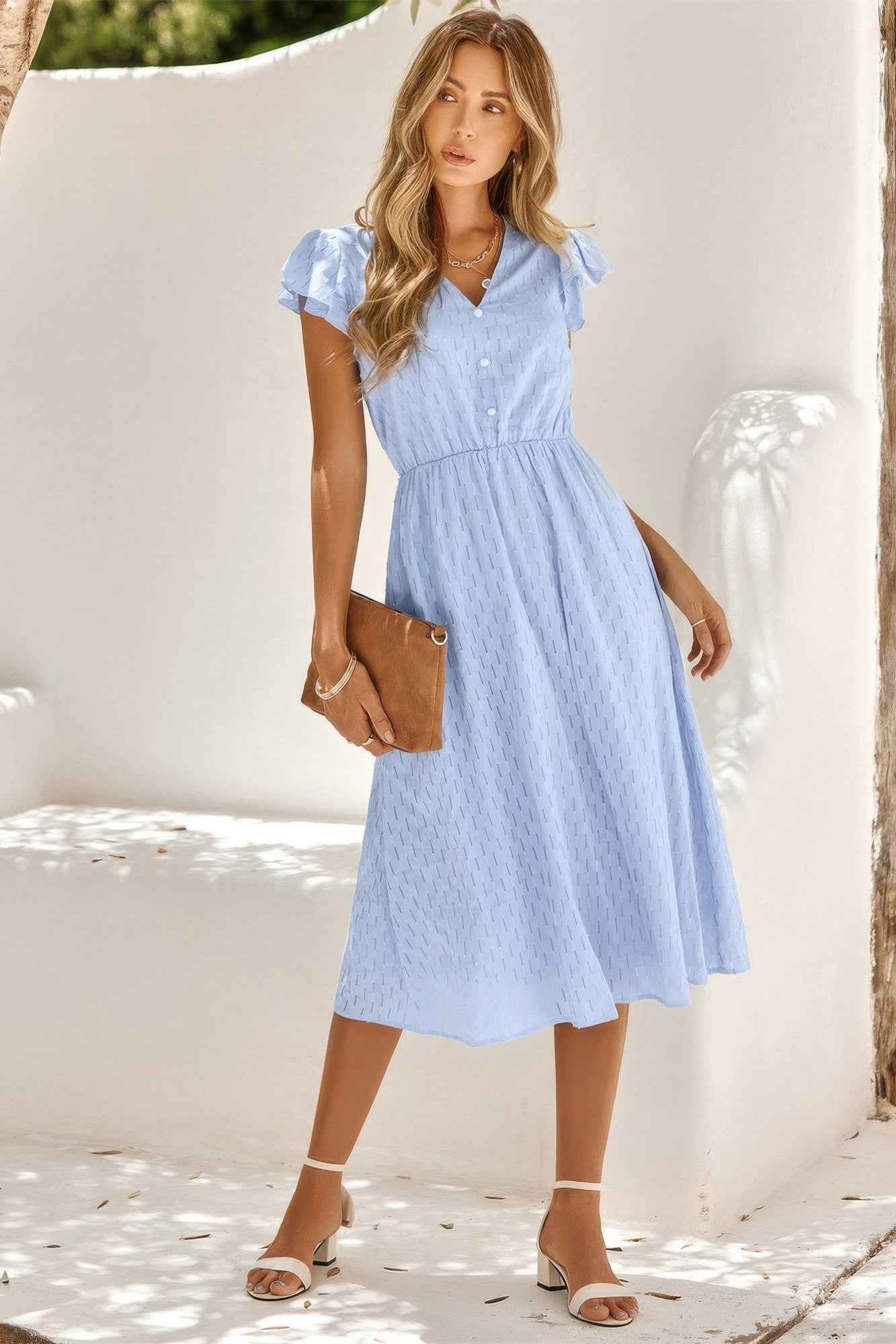 V Neck Short Sleeve Solid Ruffle A Line Midi Dress