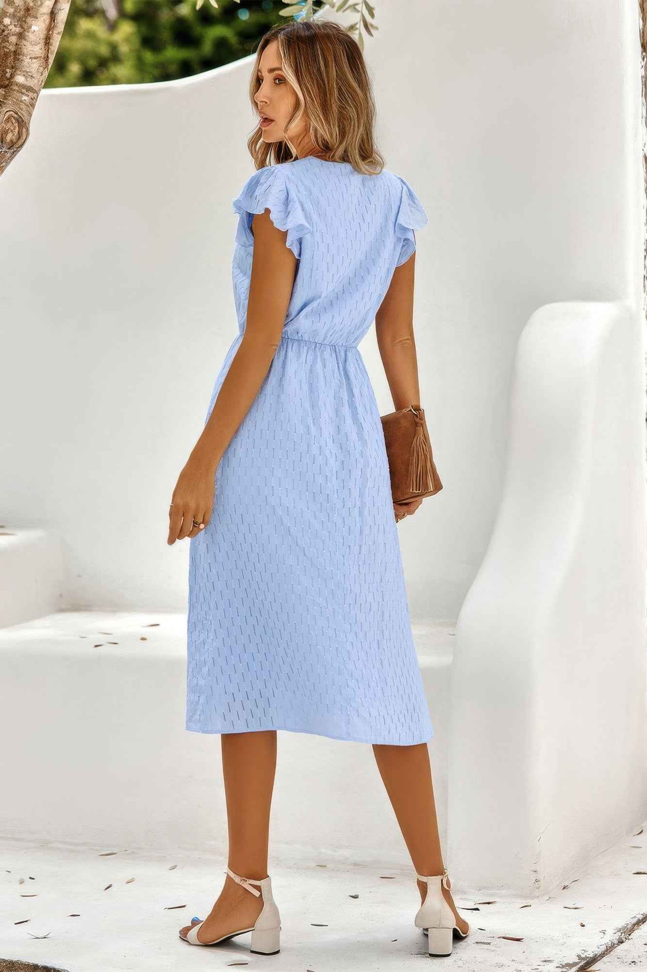 V Neck Short Sleeve Solid Ruffle A Line Midi Dress