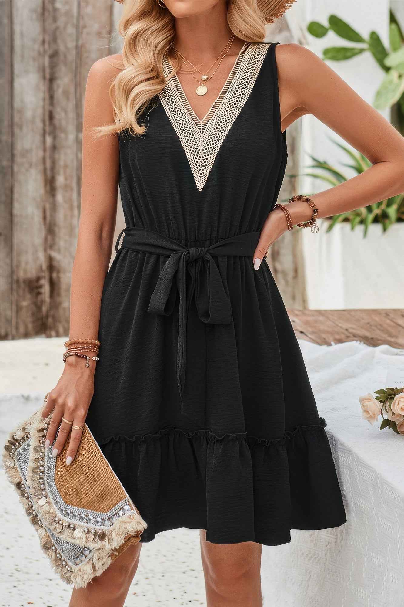 V Neck Sleeveless Belted A-line Tiered Dress