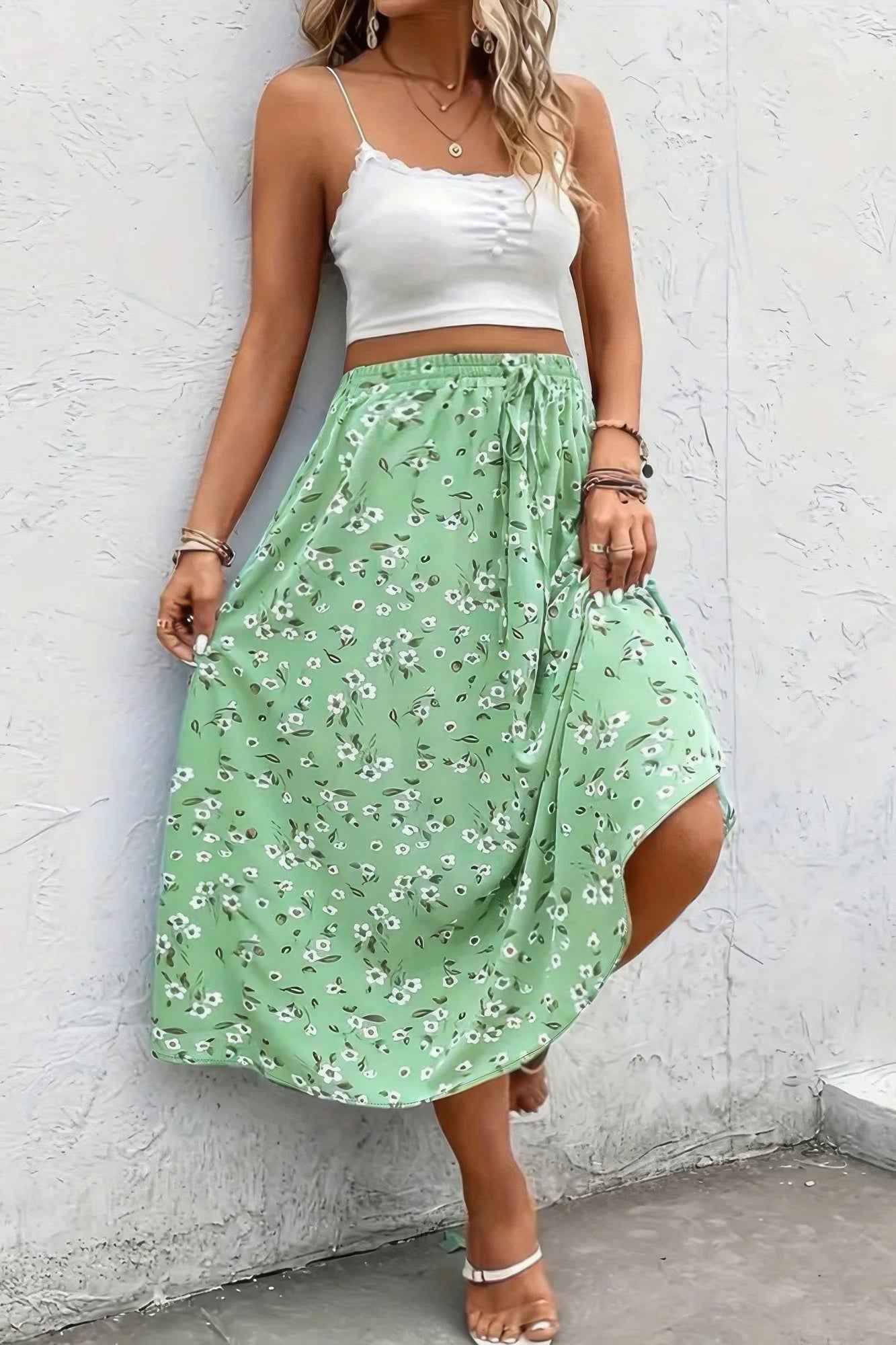 Plus Floral Print Drawstring Waist Fit Skirt