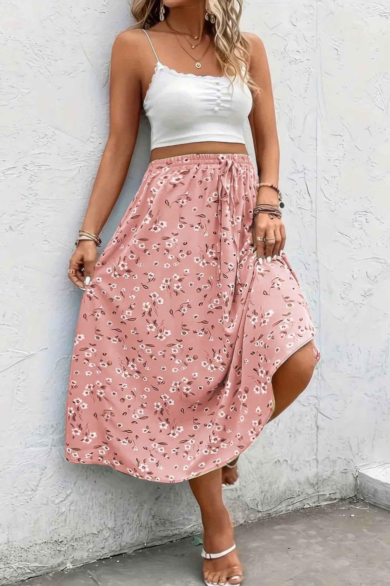 Plus Floral Print Drawstring Waist Fit Skirt