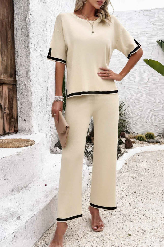 Two Pieces Outfits Knit Short Sleeve Wide Leg Loun