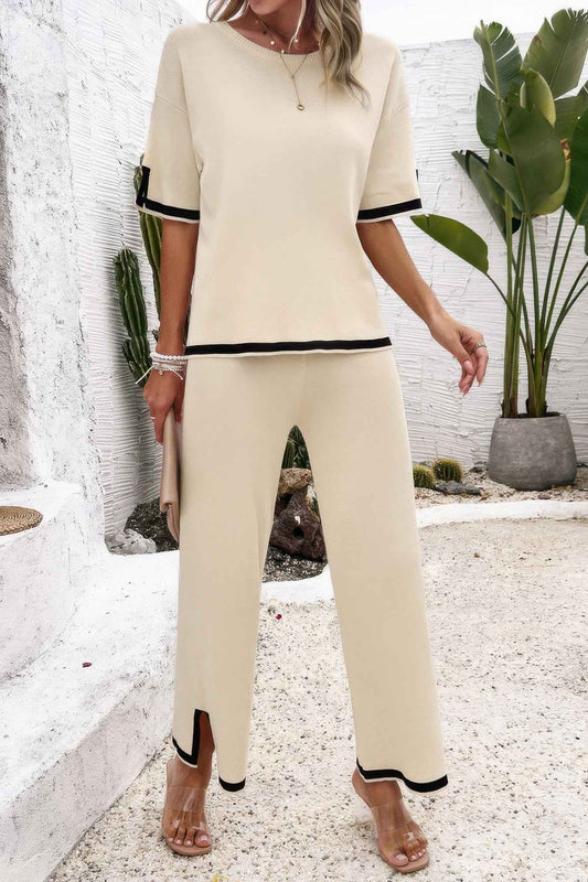 Two Pieces Outfits Knit Short Sleeve Wide Leg Loun