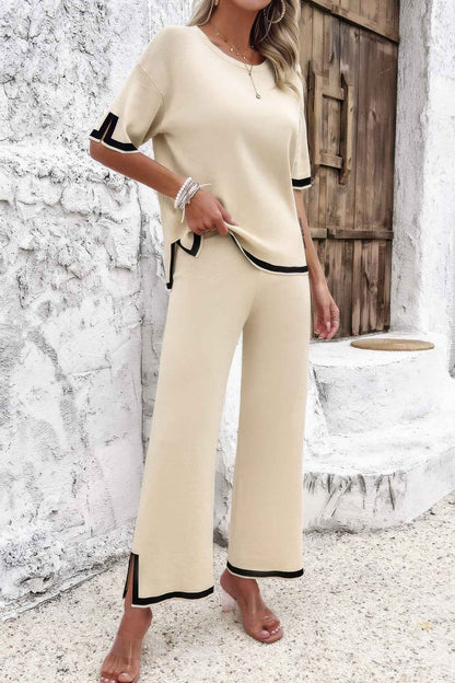 Two Pieces Outfits Knit Short Sleeve Wide Leg Loun