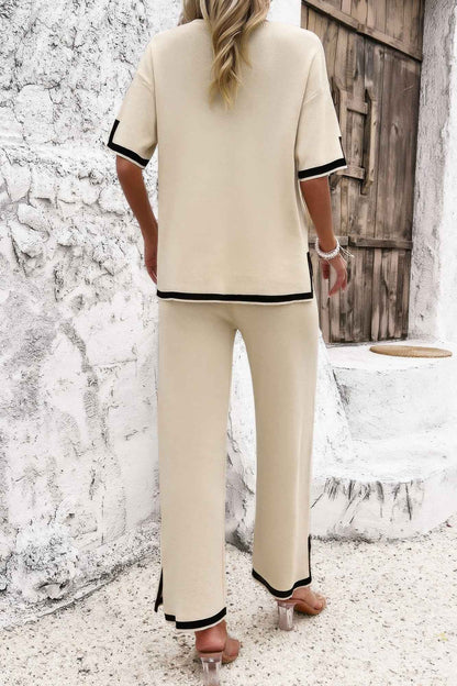 Two Pieces Outfits Knit Short Sleeve Wide Leg Loun