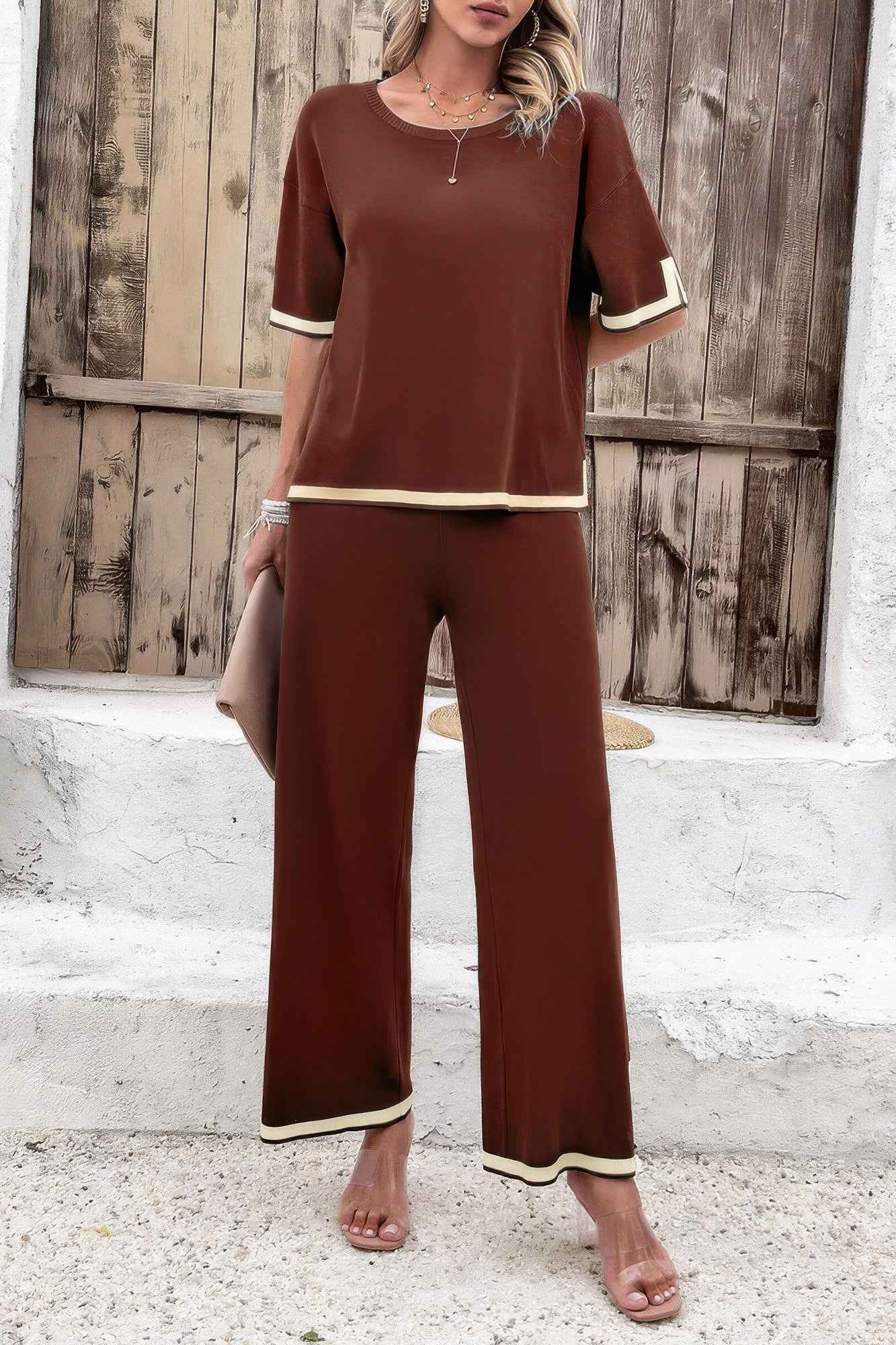 Two Pieces Outfits Knit Short Sleeve Wide Leg Loun