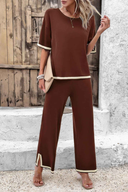 Two Pieces Outfits Knit Short Sleeve Wide Leg Loun
