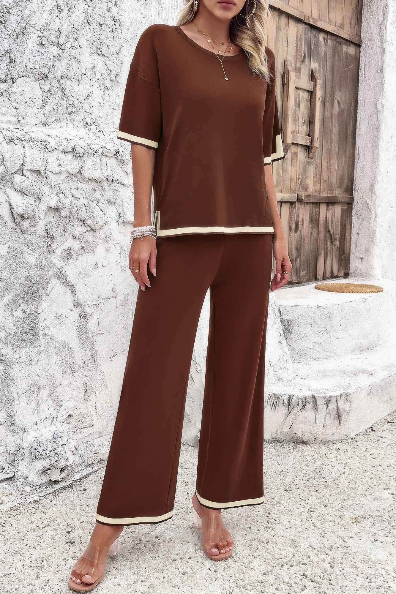 Two Pieces Outfits Knit Short Sleeve Wide Leg Loun