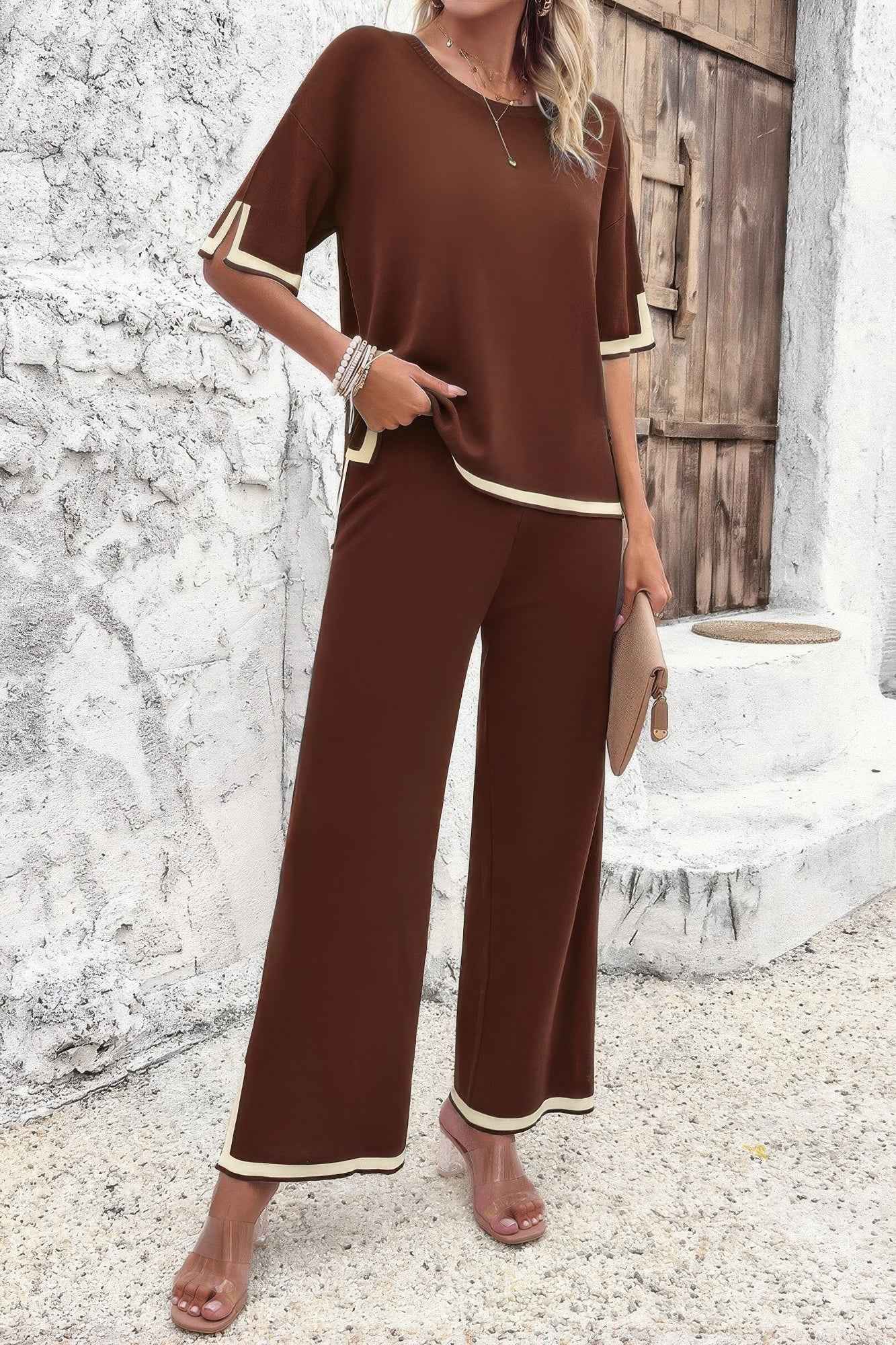 Two Pieces Outfits Knit Short Sleeve Wide Leg Loun