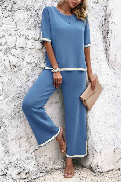 Two Pieces Outfits Knit Short Sleeve Wide Leg Loun