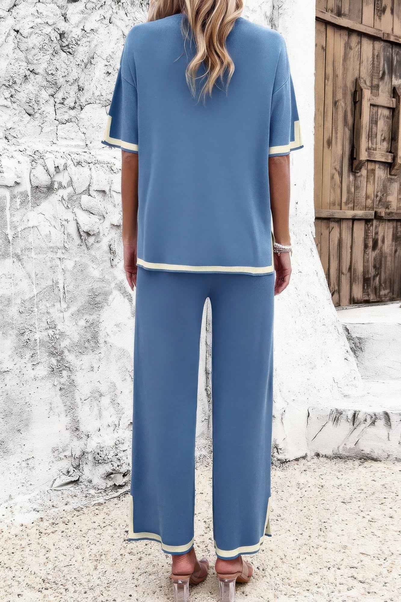 Two Pieces Outfits Knit Short Sleeve Wide Leg Loun