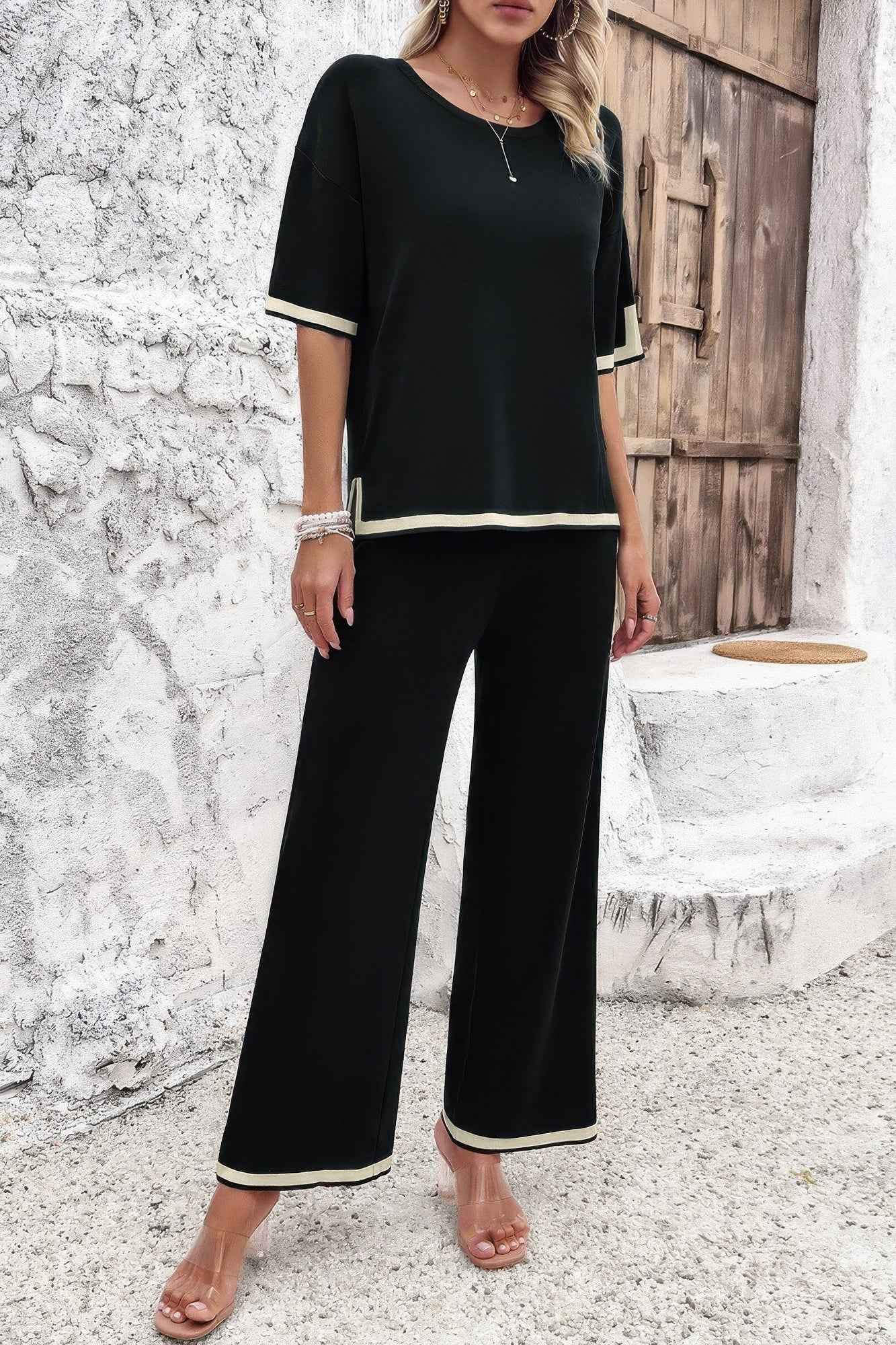 Two Pieces Outfits Knit Short Sleeve Wide Leg Loun