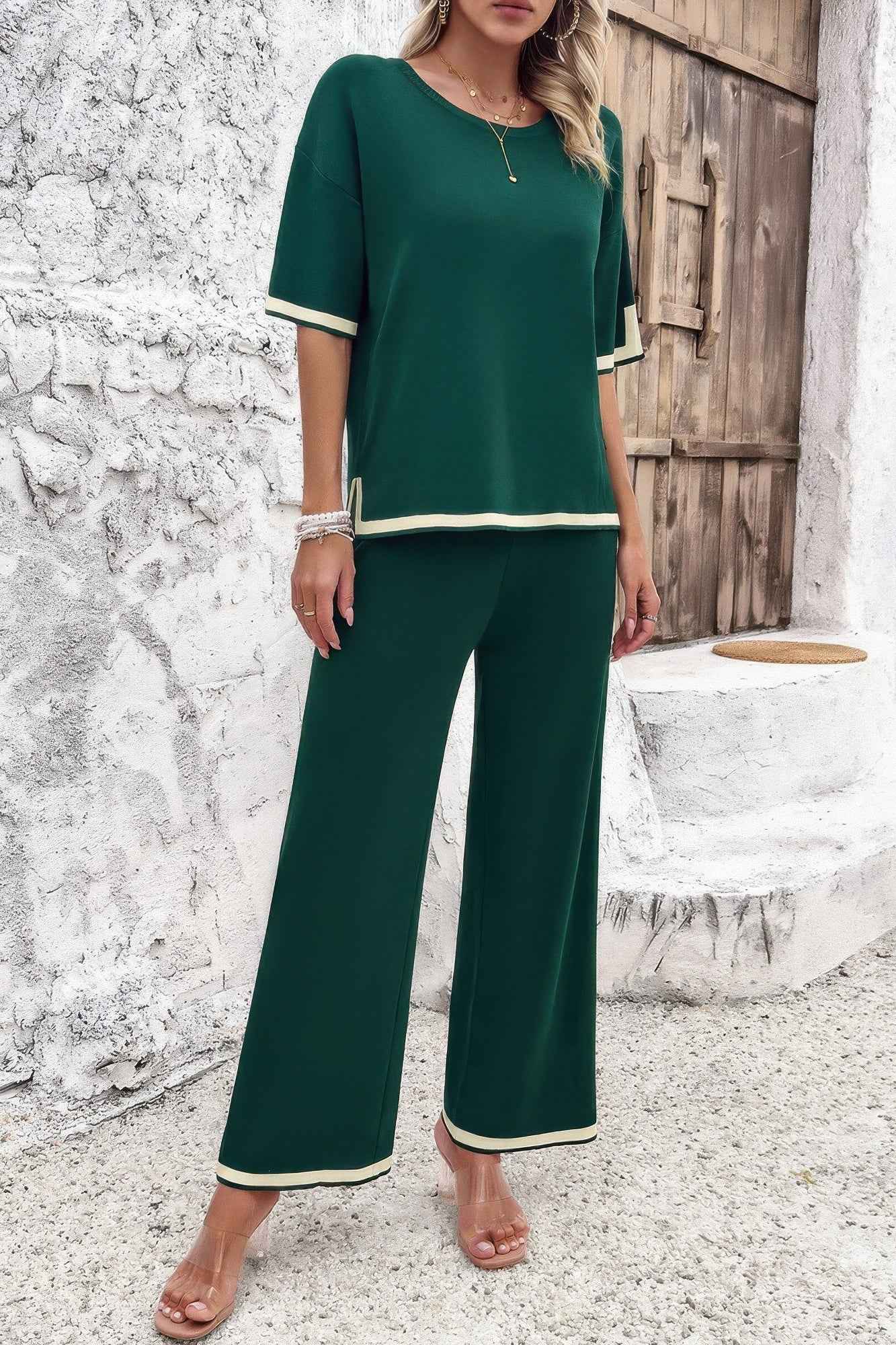 Two Pieces Outfits Knit Short Sleeve Wide Leg Loun