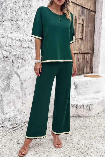 Two Pieces Outfits Knit Short Sleeve Wide Leg Loun