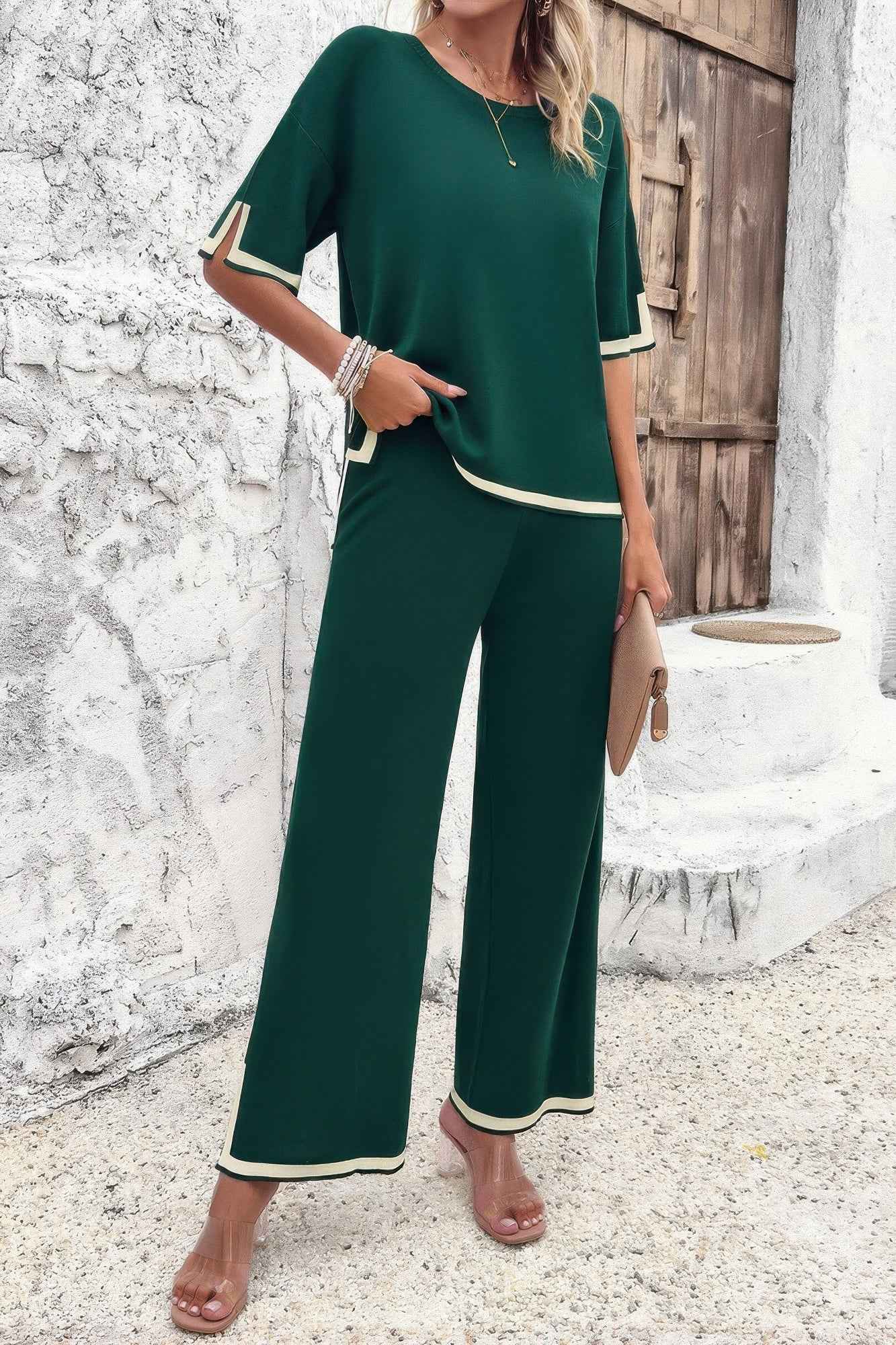 Two Pieces Outfits Knit Short Sleeve Wide Leg Loun