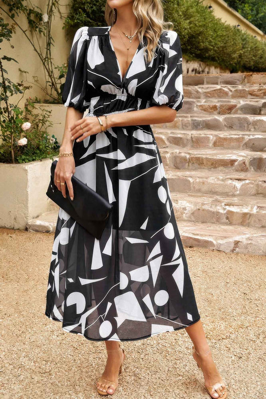 Bohemian V Neck Elastic Waisted Band Midi Dress