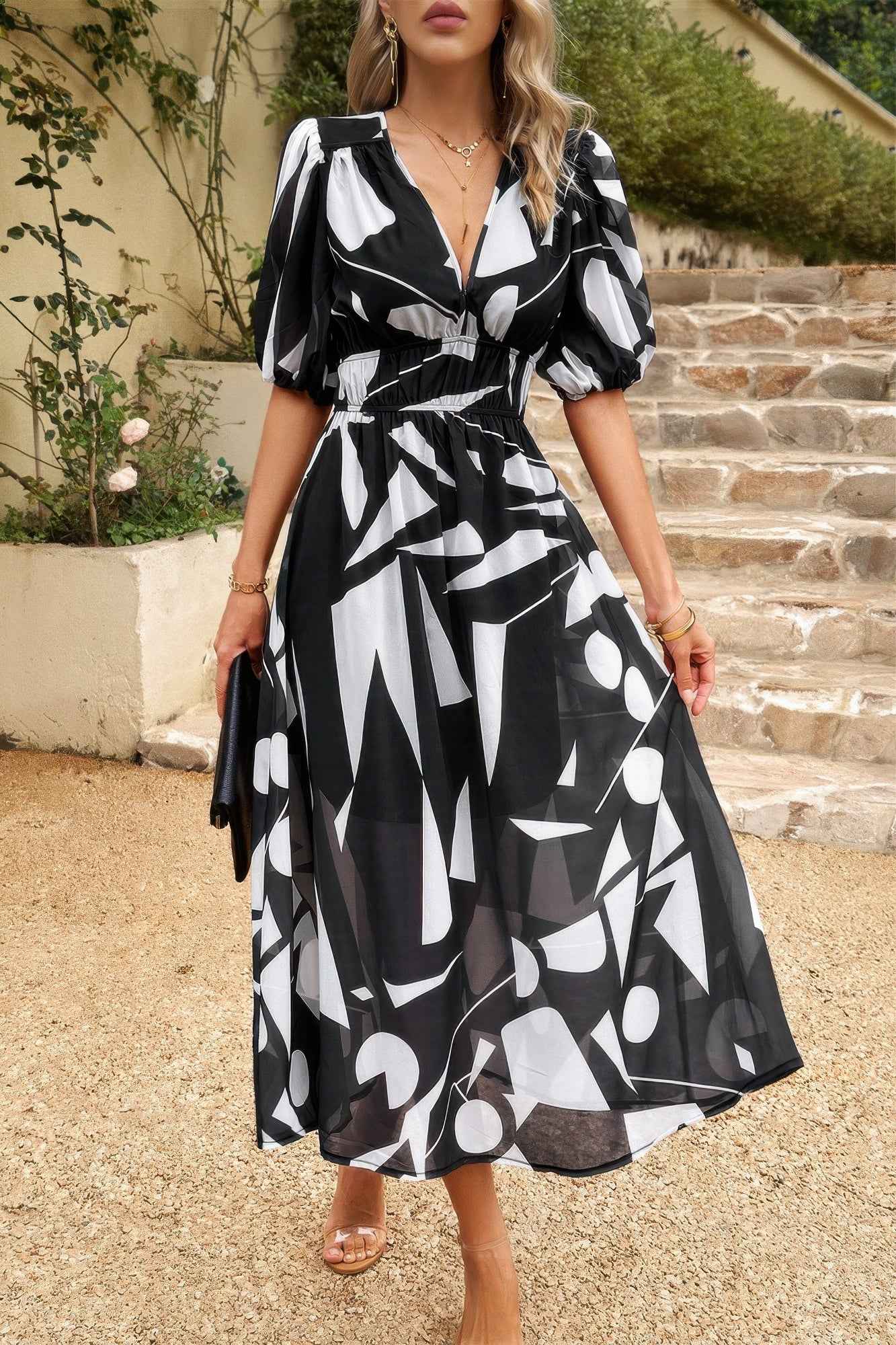 Bohemian V Neck Elastic Waisted Band Midi Dress