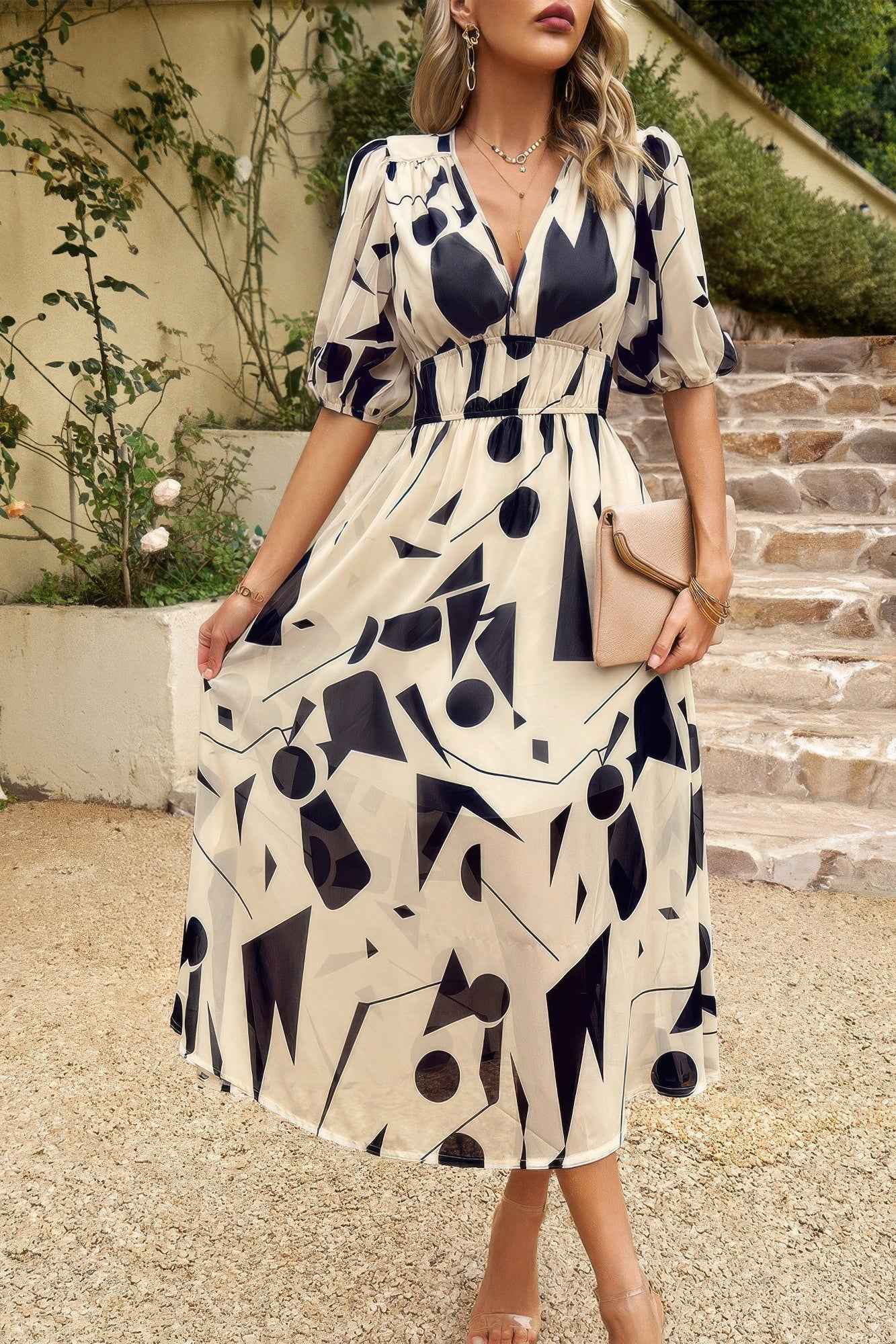 Bohemian V Neck Elastic Waisted Band Midi Dress