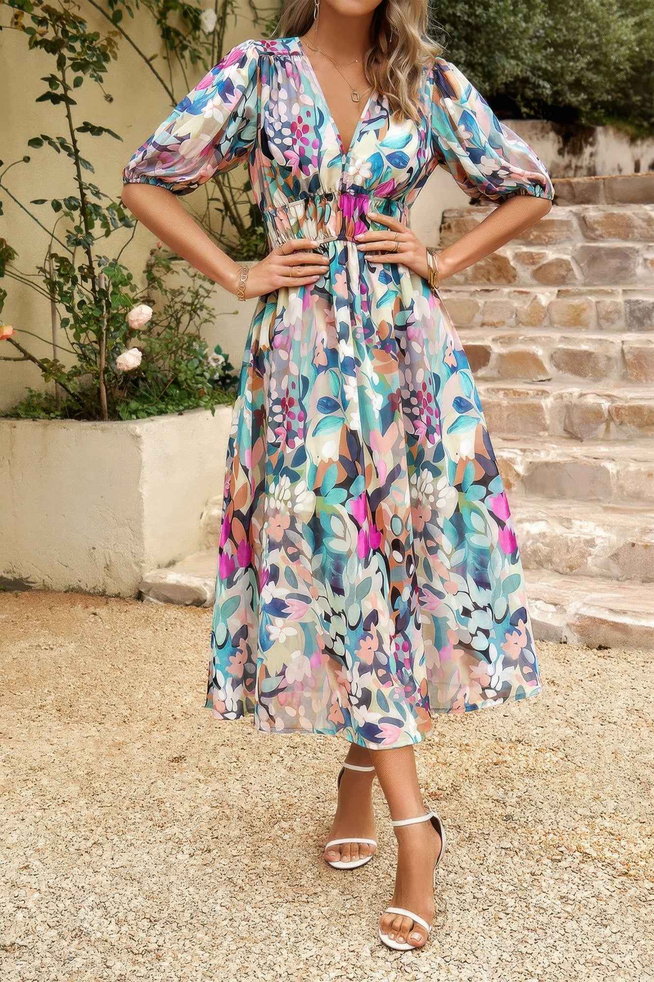 Bohemian V Neck Elastic Waisted Band Midi Dress