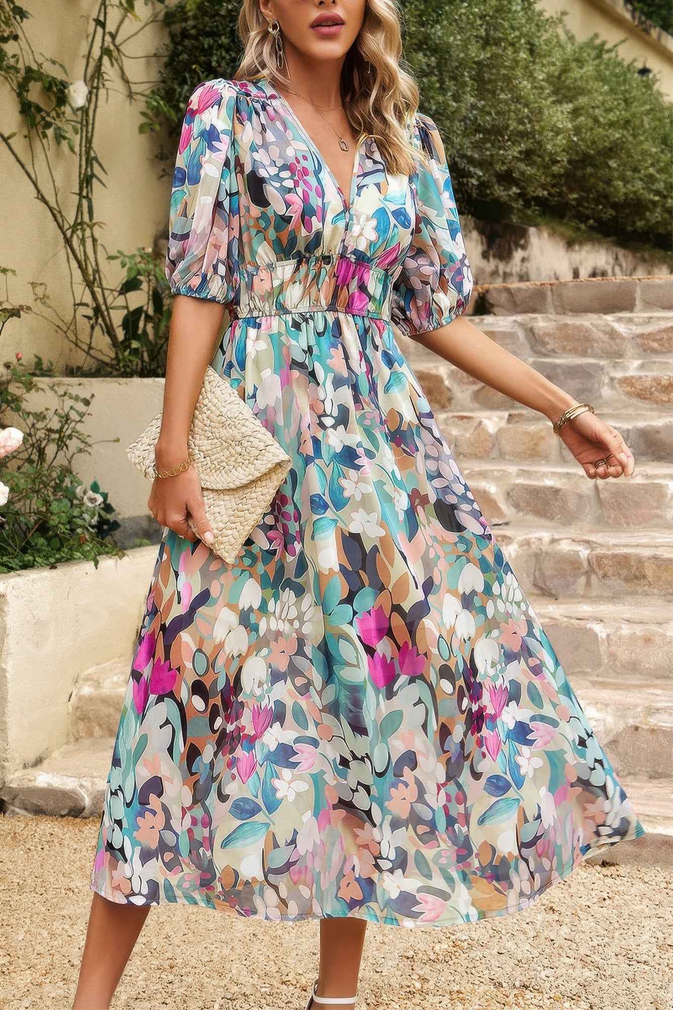 Bohemian V Neck Elastic Waisted Band Midi Dress