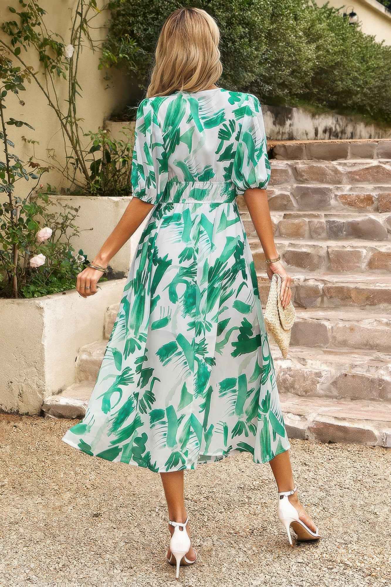 Bohemian V Neck Elastic Waisted Band Midi Dress