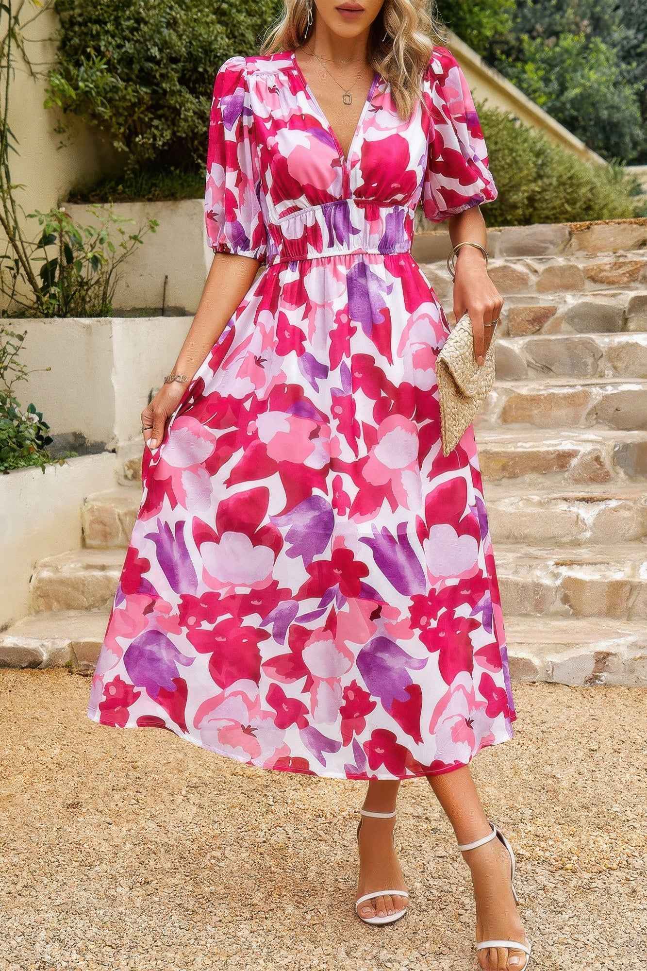 Bohemian V Neck Elastic Waisted Band Midi Dress