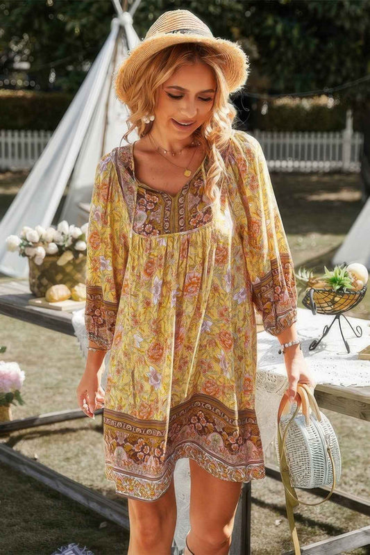 Floral V Neck Long Sleeve Boho A Line Dress