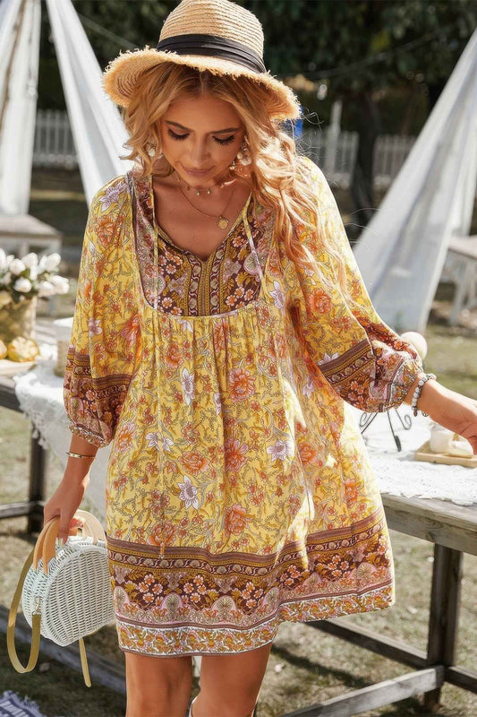 Floral V Neck Long Sleeve Boho A Line Dress