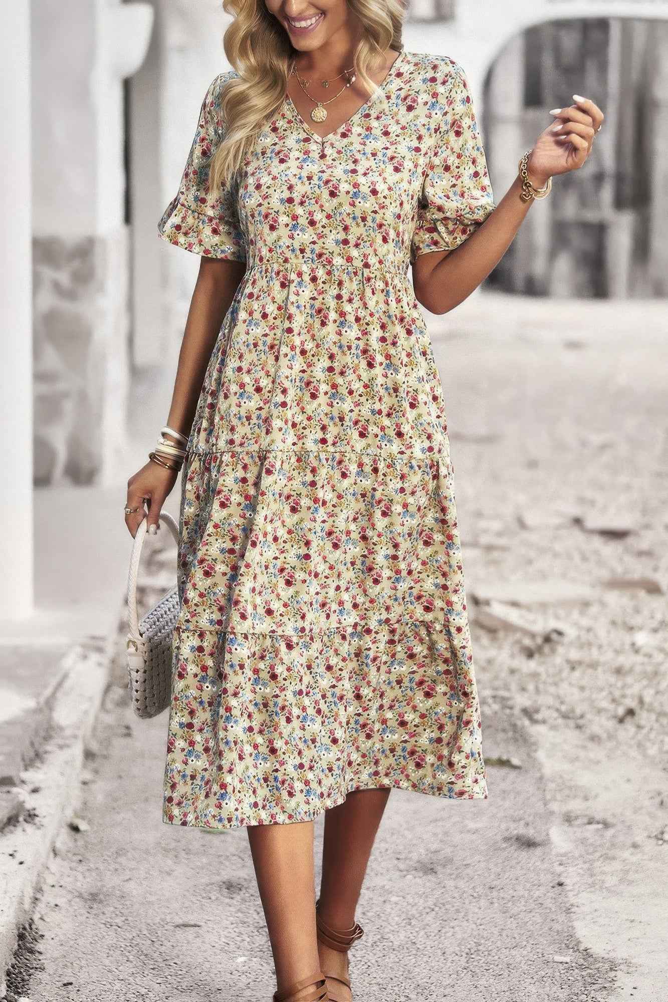 Boho Floral Ruffle Hem V Neck Short Sleeve Dress