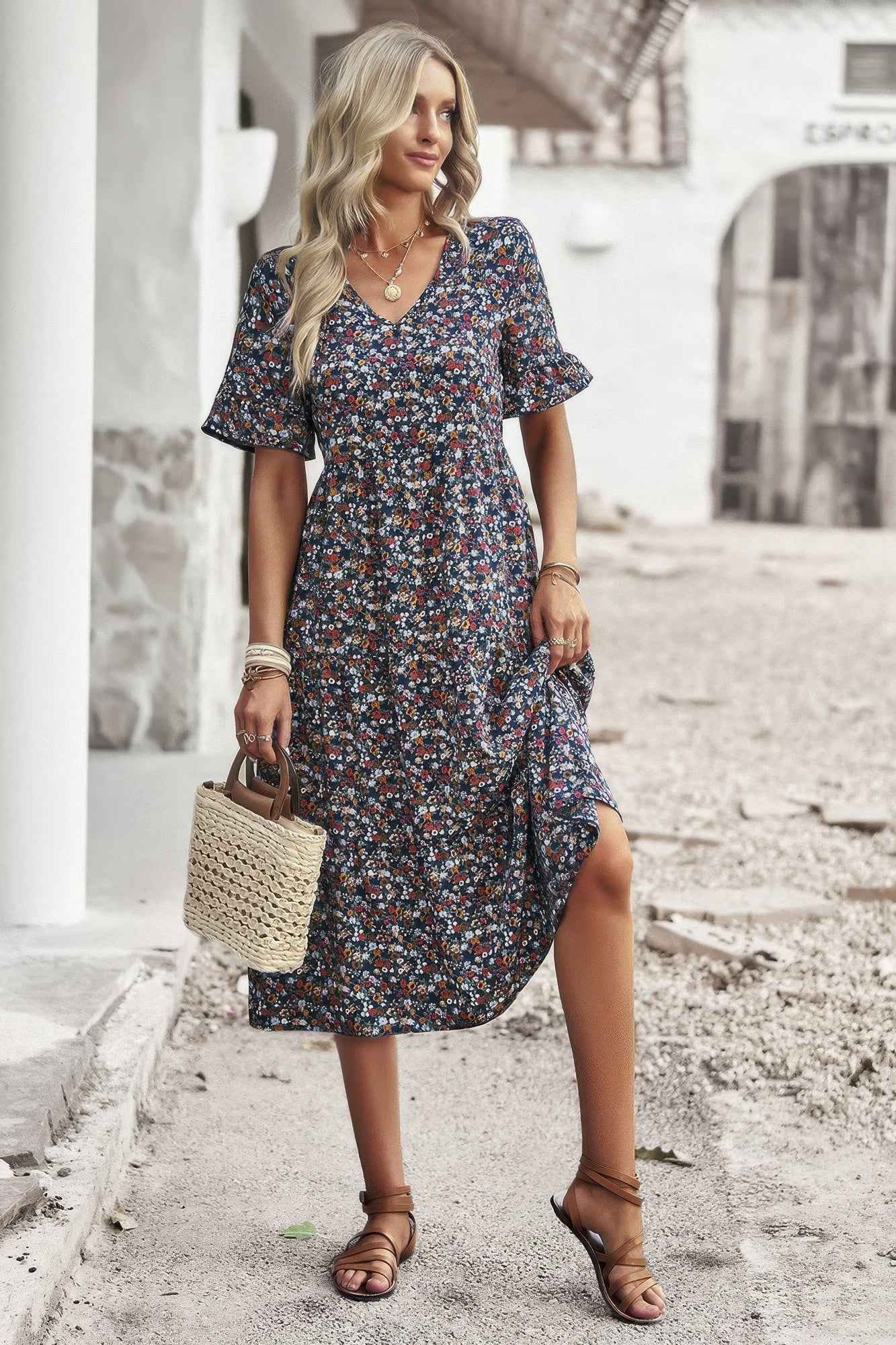 Boho Floral Ruffle Hem V Neck Short Sleeve Dress