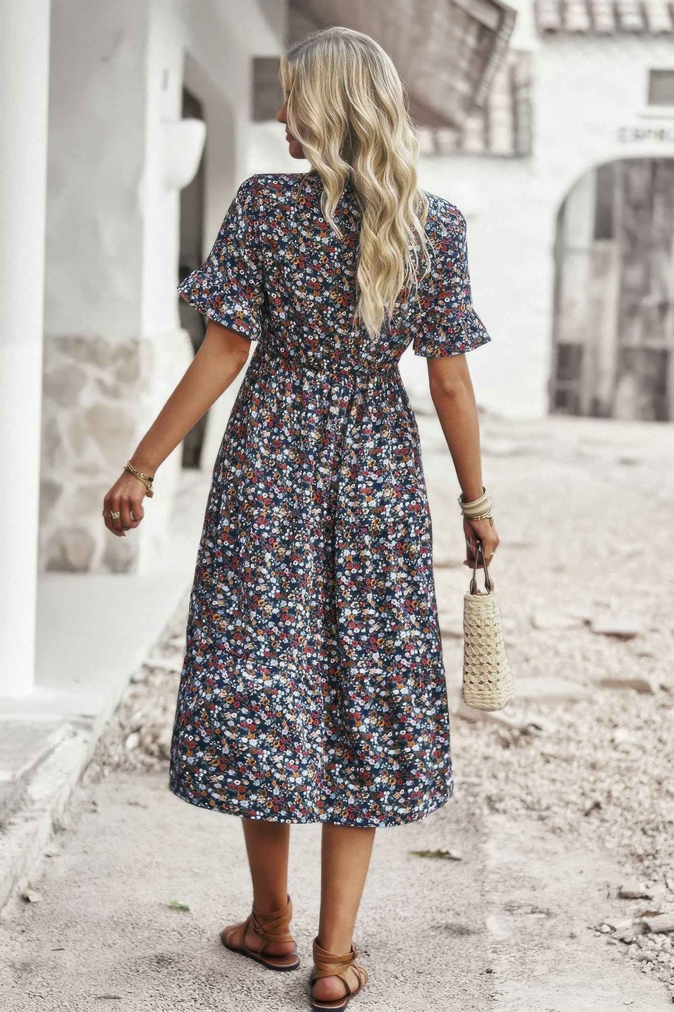 Boho Floral Ruffle Hem V Neck Short Sleeve Dress