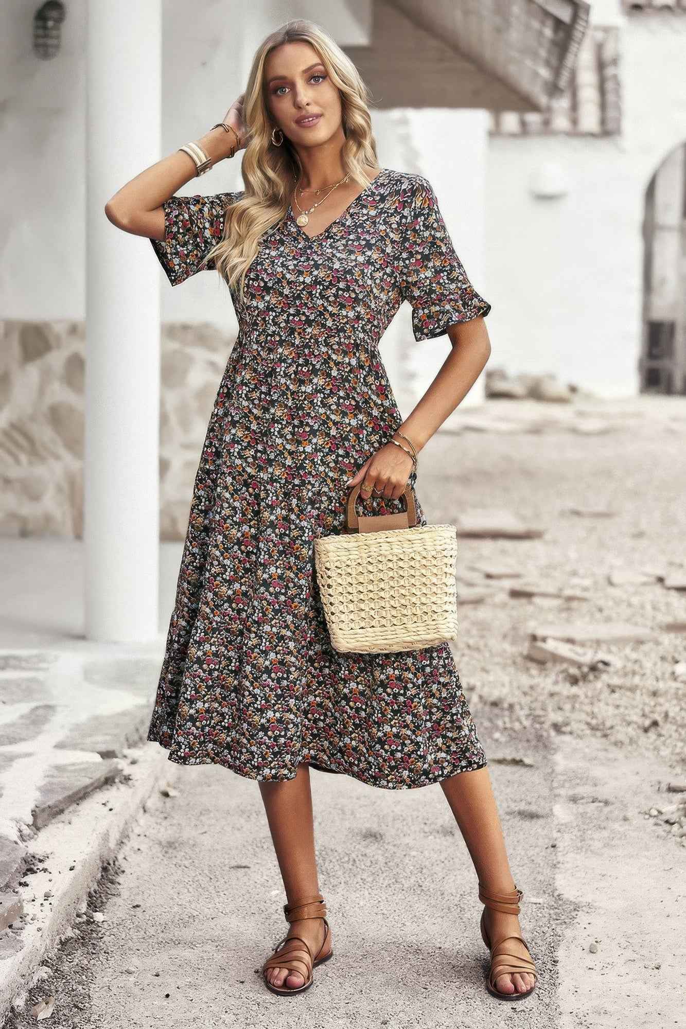 Boho Floral Ruffle Hem V Neck Short Sleeve Dress
