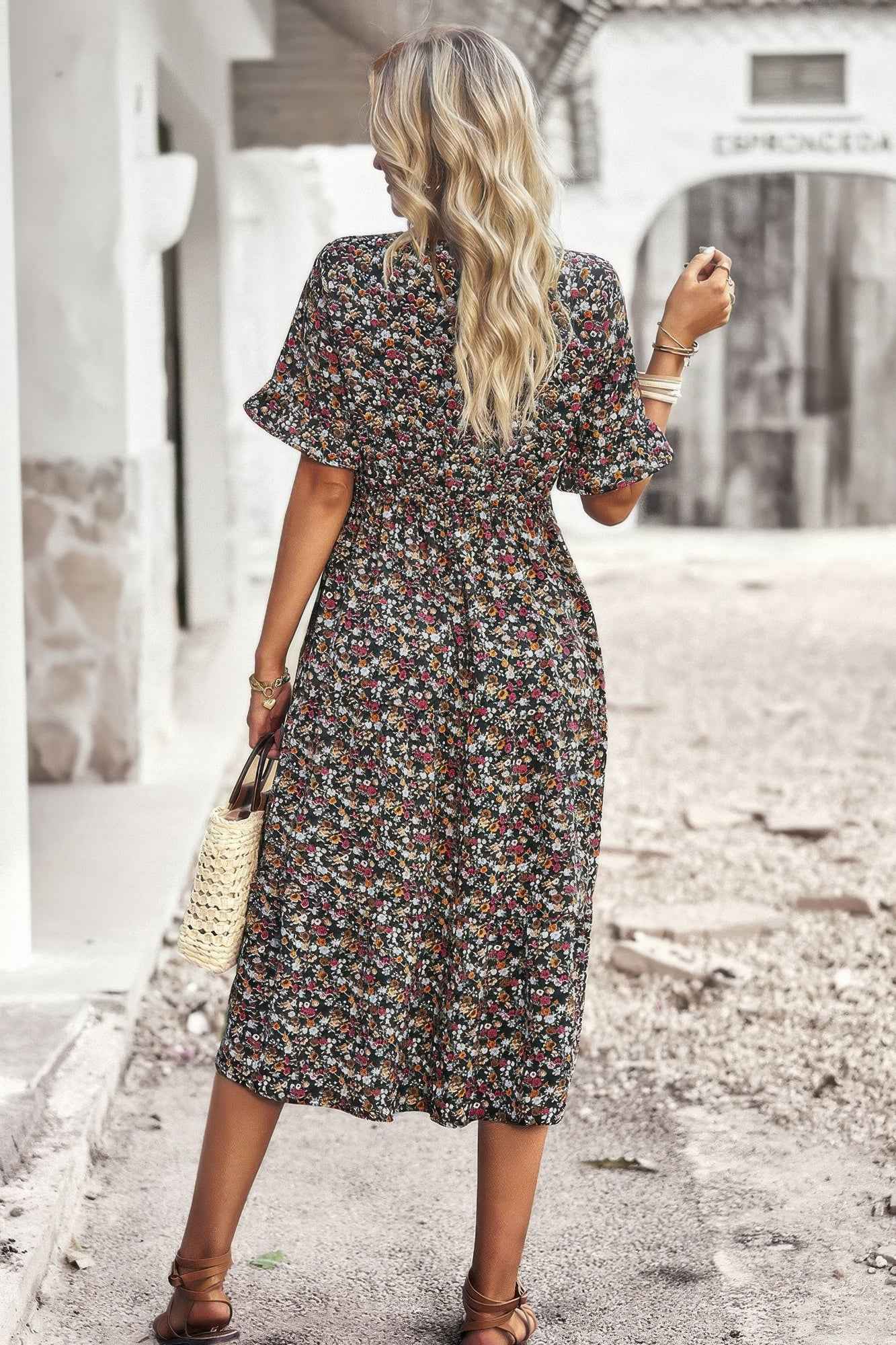 Boho Floral Ruffle Hem V Neck Short Sleeve Dress