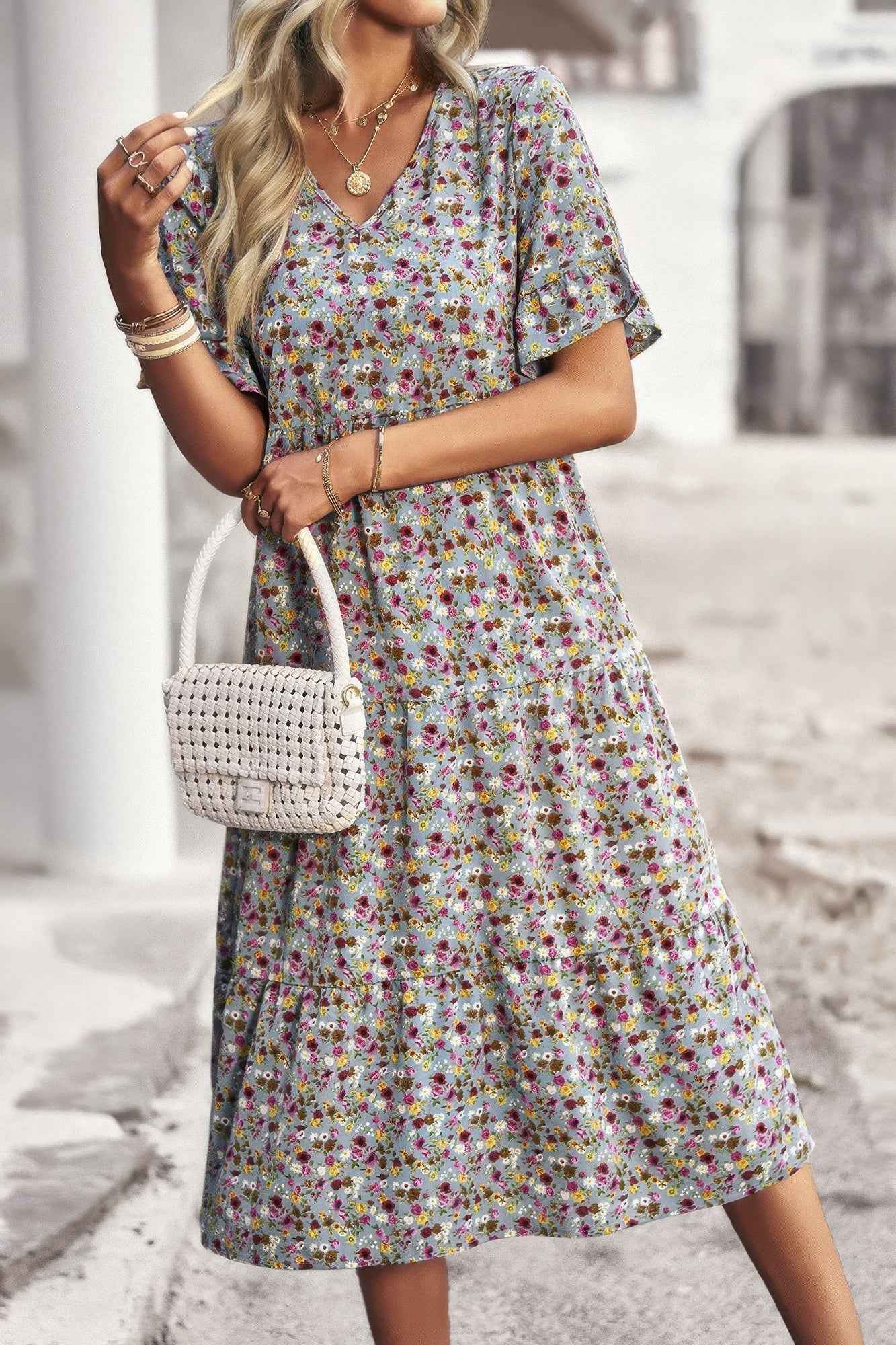 Boho Floral Ruffle Hem V Neck Short Sleeve Dress