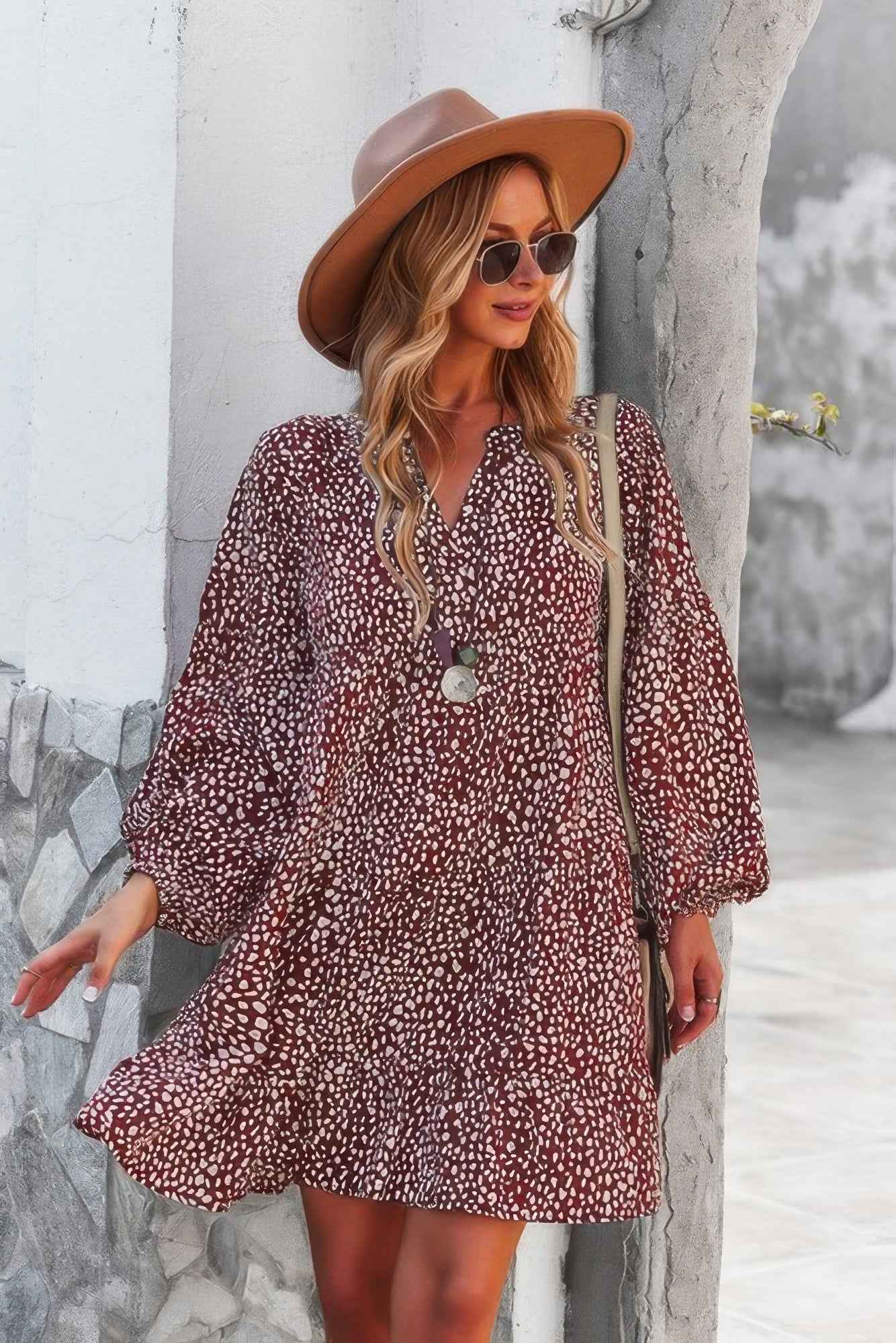 V Neck Drop Shoulder Cheetah Print Tunic Dress