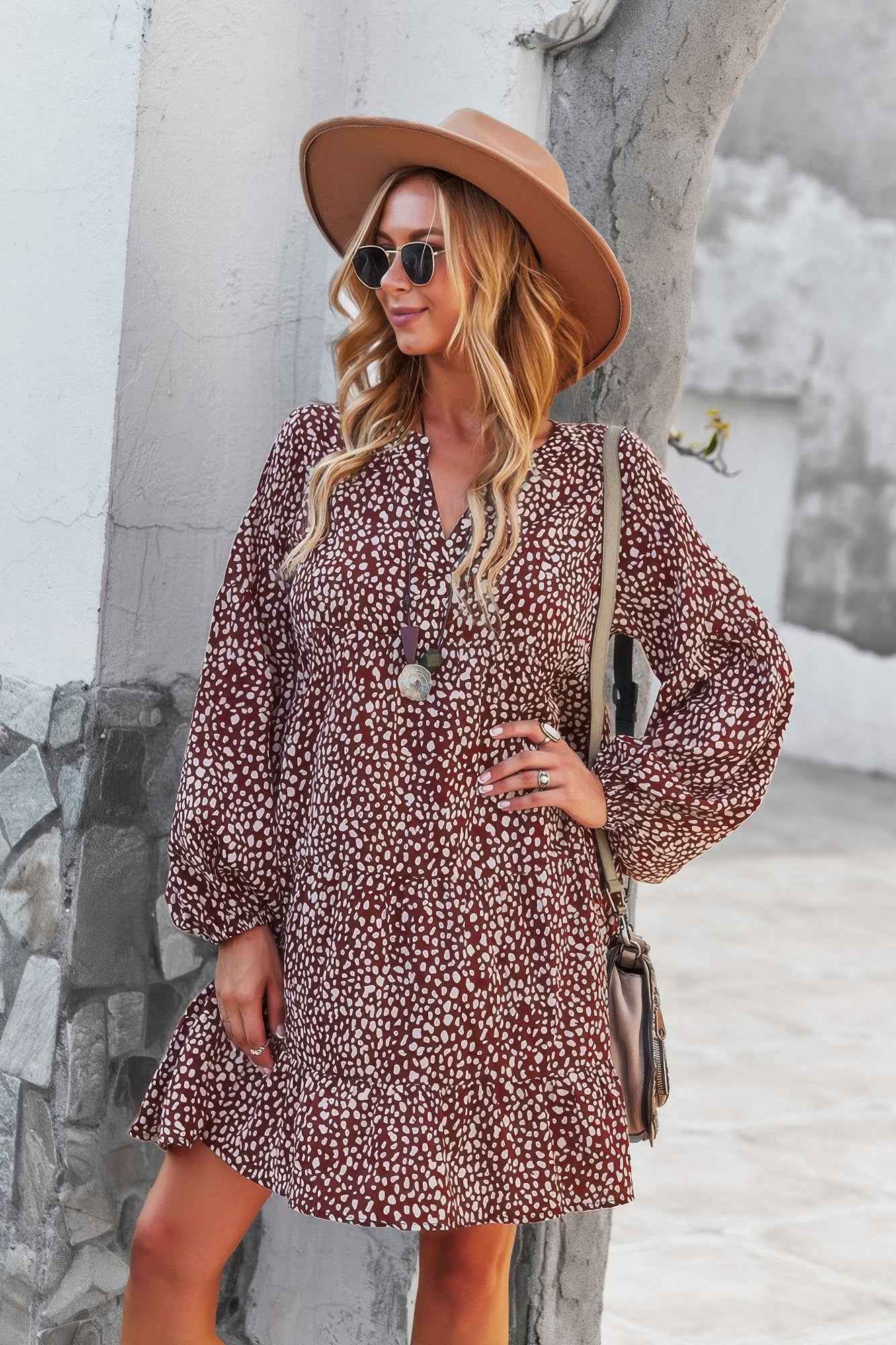 V Neck Drop Shoulder Cheetah Print Tunic Dress