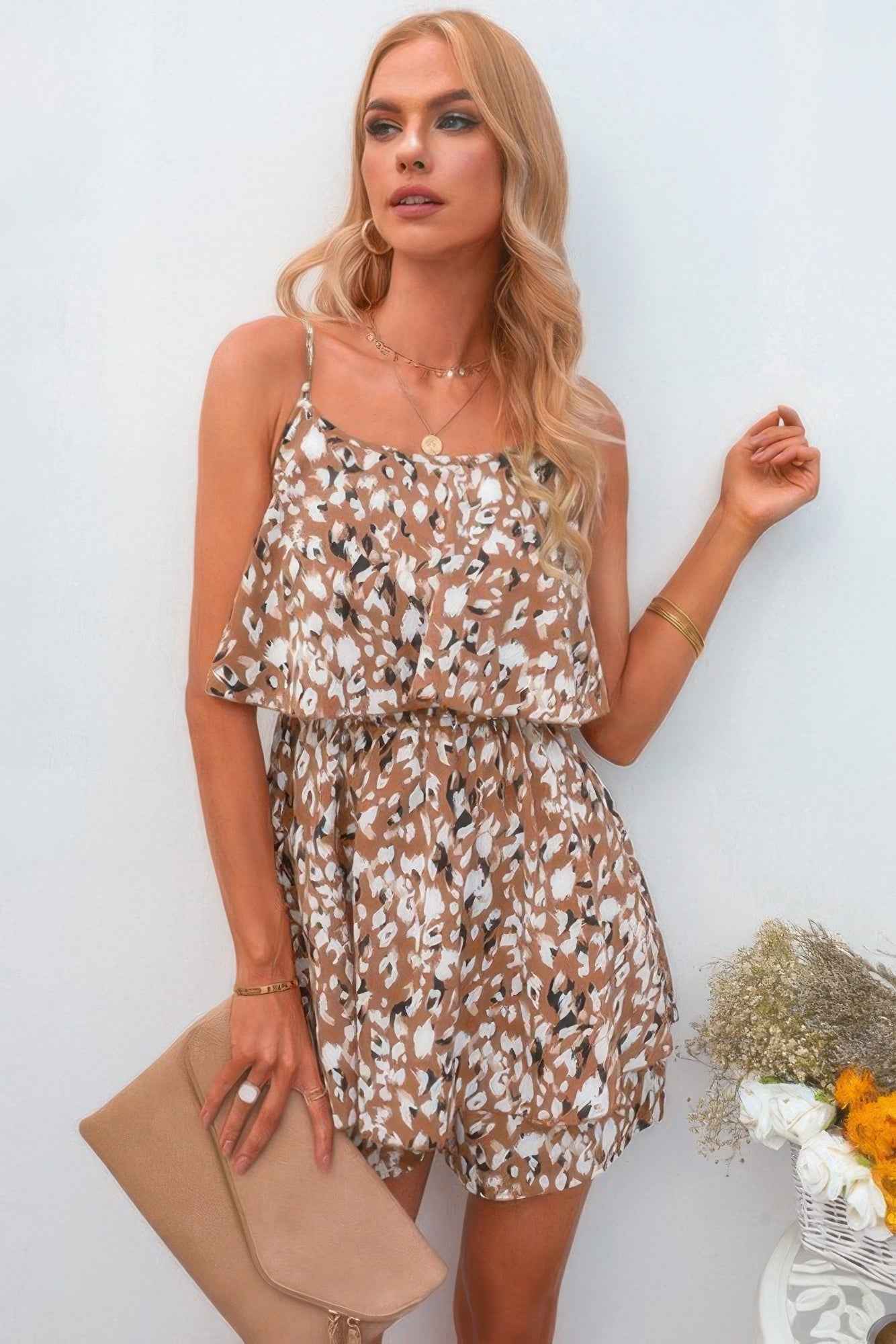 Sleevless Leopard Printed Belt Fit Romper