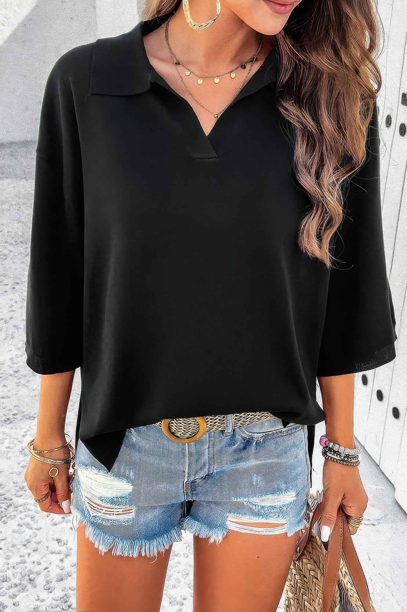 Solid Notched Collar V Neck Knit Short Sleeve Swea