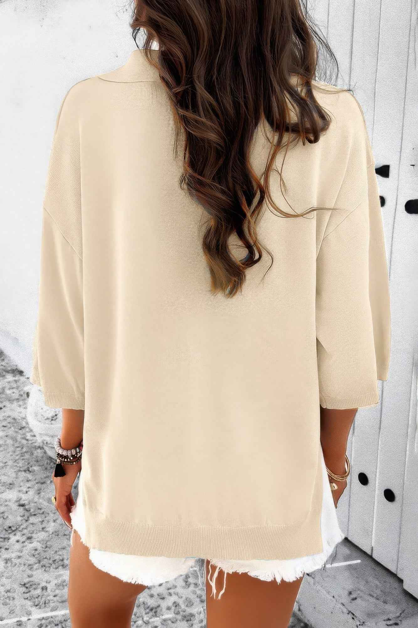 Solid Notched Collar V Neck Knit Short Sleeve Swea