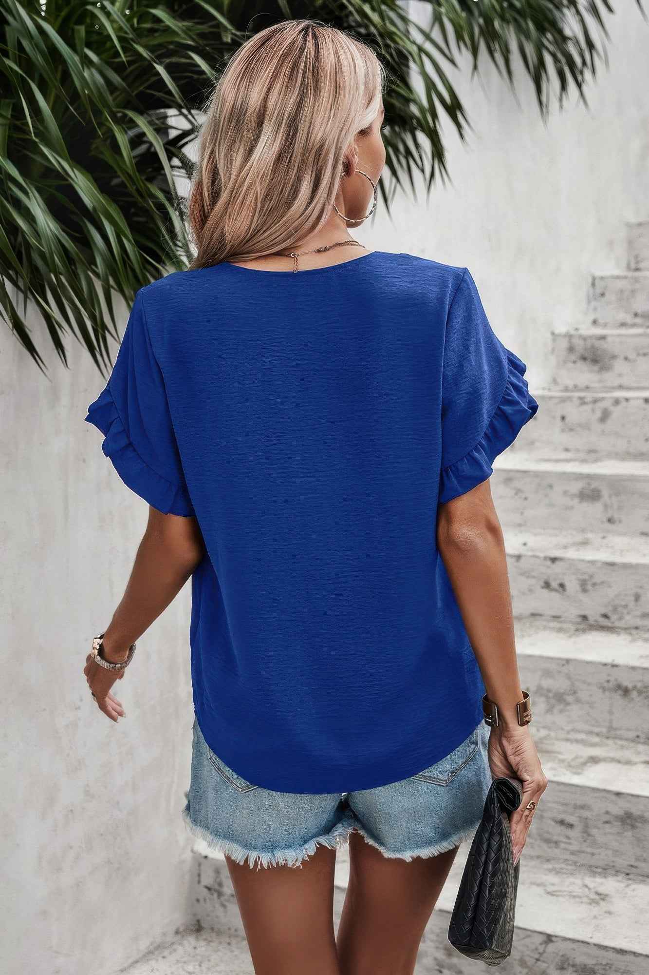 Ruffle Solid V Neck Short Sleeve Tunic Shirt