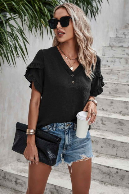 Ruffle Solid V Neck Short Sleeve Tunic Shirt