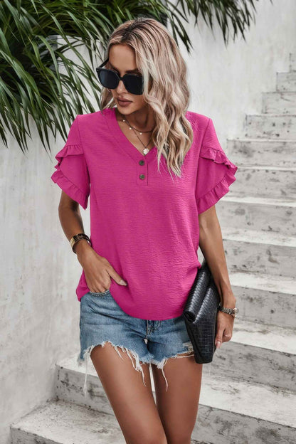 Ruffle Solid V Neck Short Sleeve Tunic Shirt