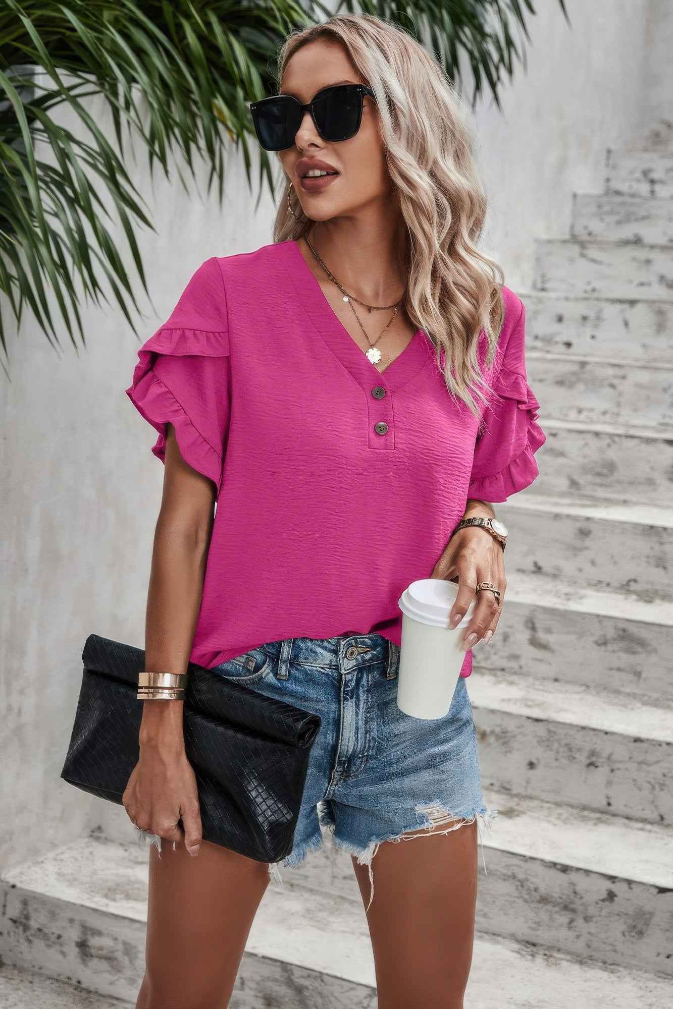 Ruffle Solid V Neck Short Sleeve Tunic Shirt